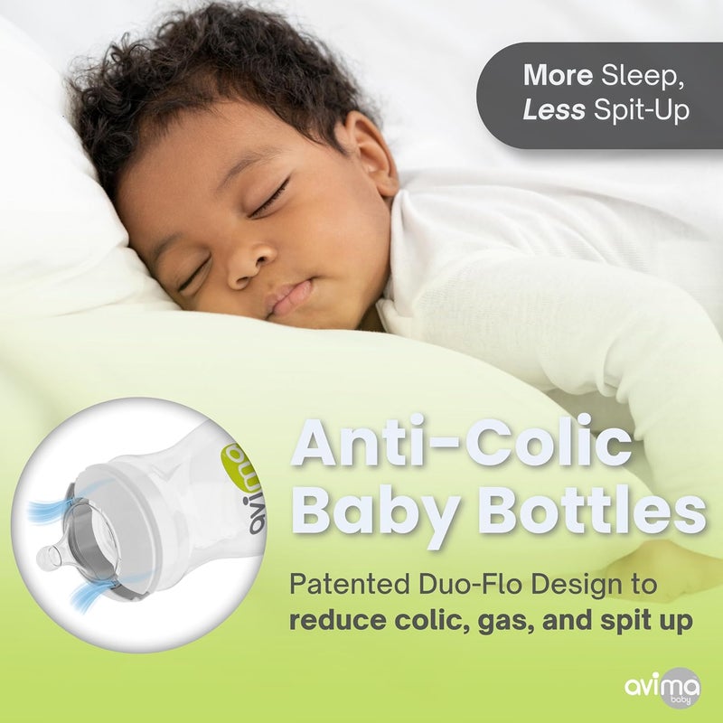AVIMA Baby Wide Neck Bottle Starter Kit – 12 Piece Set. Anti Colic Feeding Set w/ 4 oz & 9 oz Baby Bottles, Slow & Medium Flow Nipples & Pacifiers, BPA Free - Image 3